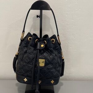 MCM Black Quilted Leather Drawstring Hobo with Gold Hardware